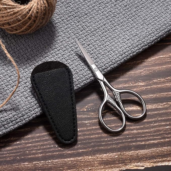 Small Precision Scissors, 3.5inch Stainless Steel Multi-Purpose Vintage Beauty Grooming Kit for Facial Hair, Eyebrow, Eyelash, Beard, Moustache with PU Sheath