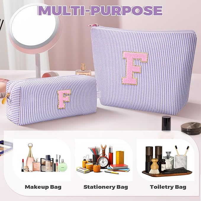 Personalized Makeup Bag for Women Girls - Fashion Cosmetic Bag Trendy Travel Toiletry Bag with Initials Letter - Teen Gifts - Lavender,F