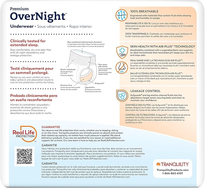 Tranquility Premium OverNight Disposable Absorbent Underwear (72 Count) - M, 34-48 in. Waist - Maximum Absorbency, All-Night Sleep, Breathable Comfort, 72 Adult Diapers