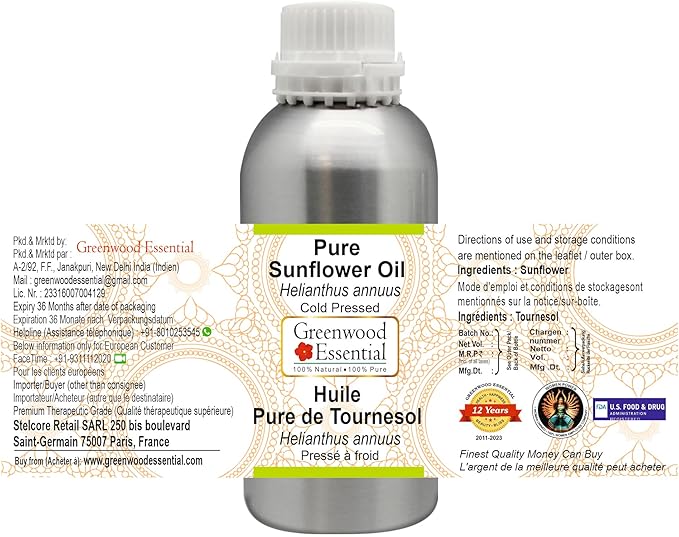 Greenwood Essential Pure Sunflower Oil (Helianthus annuus) Cold Pressed 300ml (10 oz)