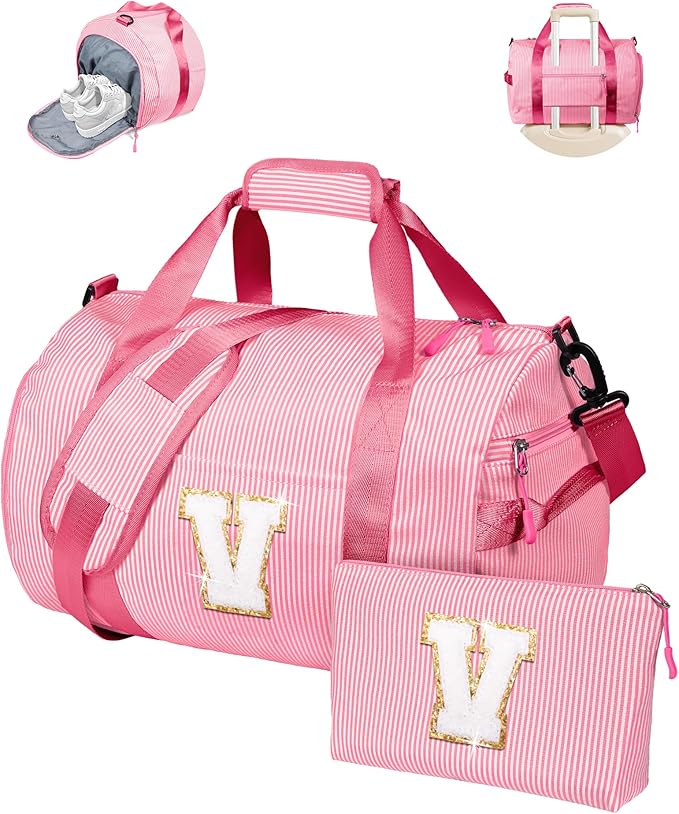 Girly Trendy Stuff, Girls Travel Duffle Bag, Kids Initial Overnight Bags with Shoe Compartment, Personalized Weekend Bag with Makeup Pouch, Gift for 5 6 7 8 9 10 Year Old Kid (Letter V)
