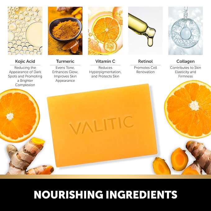 VALITIC Kojic Acid Vitamin C and Retinol Soap Bars with Turmeric for Dark Spot - Original Japanese Complex Infused with Collagen, Hyaluronic Acid, and Vitamin E (4 Pack)