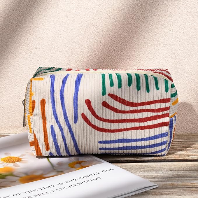 SOIDRAM Corduroy Cosmetic Bag - Large Capacity Makeup Pouch with Stripe Pattern and Makeup Brush Storage - Travel Toiletry Bag Organizer