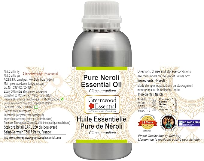 Greenwood Essential Pure Neroli Essential Oil (Citrus aurantium) Steam Distilled 1250ml (42 oz)