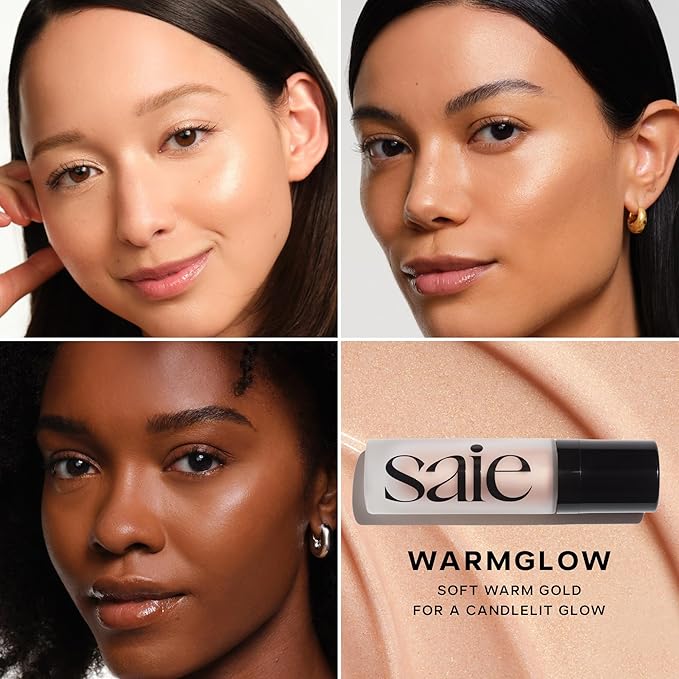 Saie Mini Glowy Super Gel - Hydrating Makeup Primer and Illuminating Glow Serum Enriched with Vitamin C and Squalane Oil - All-Over Liquid Highlighter Makeup for Instant Glass Skin - Warmglow (0.5 oz)