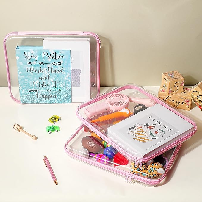 Hoolerry 3 Pcs Clear Hard Zipper Case Plastic Pouch Transparent Hard Case Clear Makeup Bag Portable Travel Organizer Bin for Cosmetics, Building Blocks, Puzzles(Pink,L)