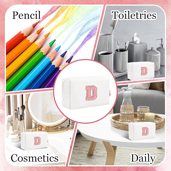 Small Personalized Letter Makeup Bag, Cute PU Leather Chenille Letters Cosmetic Bag Travel Makeup Pouch, Preppy Travel Organizer Zipper Pouch for Women&Girls（WhitePink-D）