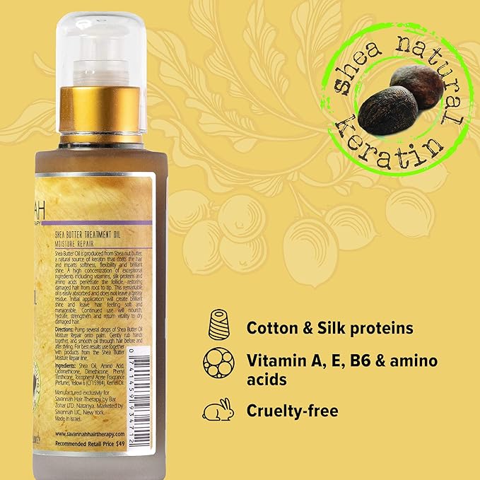 Savannah Hair Therapy Hair Oil with Shea Butter & Keratin- Restore, Revive, Nourish for Dry, Damaged & Color Treated Hair, 3.38 Fl Oz/100 ml
