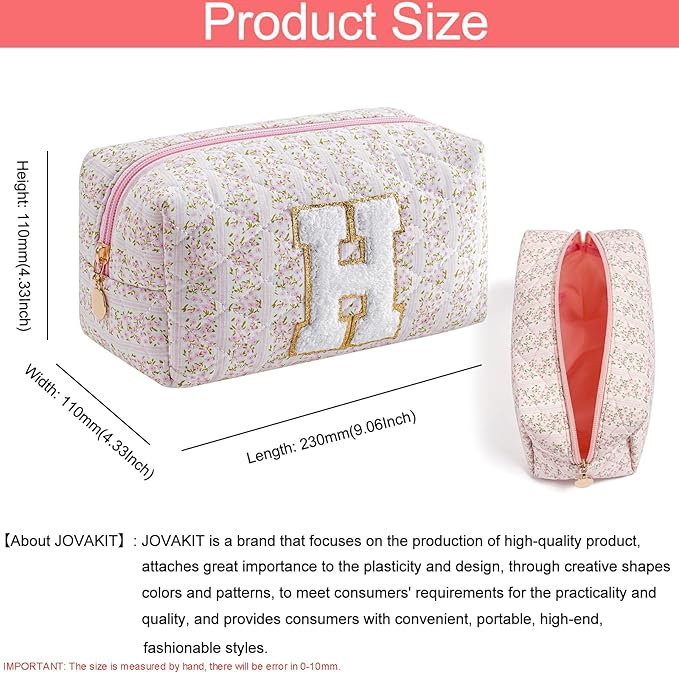 JOVAKIT Alphabet Makeup Bag Cosmetic Bag for Women, Christmas Gifts for Girls Age 6-18, Floral Flowers Coquette Travel Toiletry Zipper Make Up Pouch Organizer Trendy Stuff (Pink Floral H)