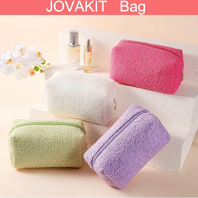 JOVAKIT Travel Makeup Bag Cosmetic Bag for Women, Fashion Christmas Gifts, Plush Zipper Make Up Pouch, Large Capacity Toiletry Organizer Makeup, Portable Storage Bag Trendy Stuff (Rose Red)