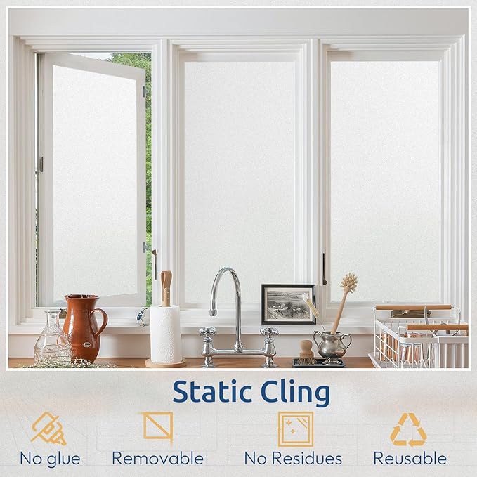 rabbitgoo Window Privacy Film, Non-Adhesive Frosted Glass Window Film for Bathroom, Static Cling Heat Blocking Stickers for Home Indoor Opaque Frosting Coverings House Tint, Matte White 29.5" x 118.1"