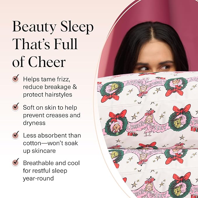 The Grinch x Kitsch Satin Pillowcase with Zipper for Hair & Skin - Softer Than Silk Pillow Cases, Smooth Cooling Pillow Cover, Wrinkle-Free, Machine Washable, Queen/Standard (19x26)- Cindy Lou