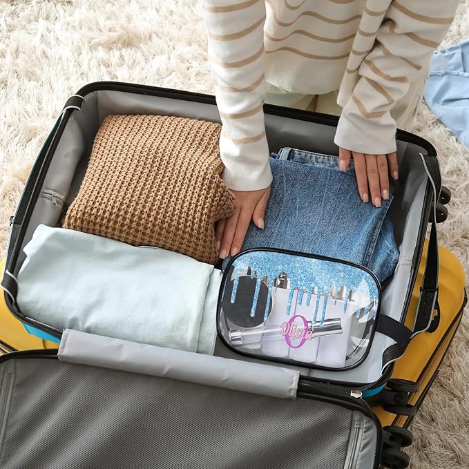 Custom Makeup Toiletry Bag, Personalized Clear Travel PVC Cosmetic Organizer Case Portable Bag with Zipper, Light Sky Blue Fluid Shape Sparkly Glittery