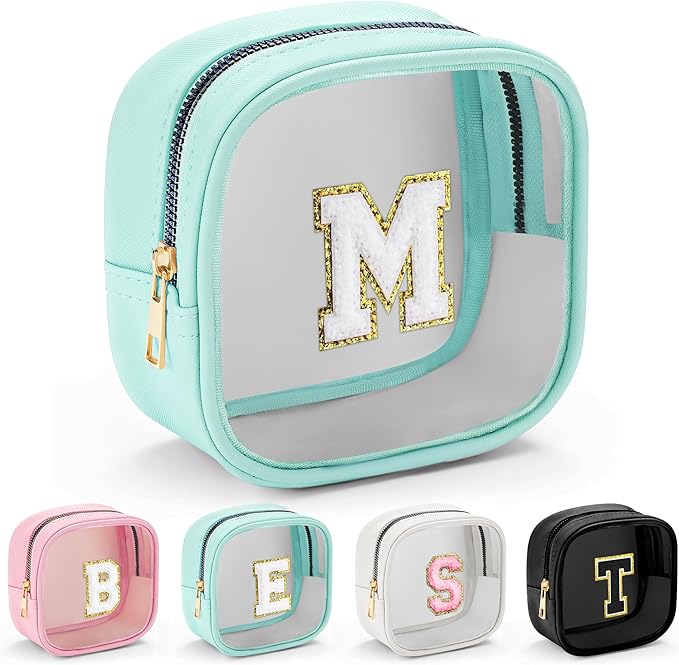 YOOLIFE Initial Make Up Bag Travel Toiletry Bag, Clear Makeup Bag Preppy Cosmetic Bags Organizer Travel Essentials Gifts for Women Teen Girlfriend Teacher Teen Gifts Party Bag Small Makeup Bag Blue M