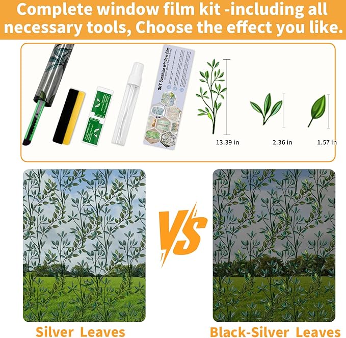 One Way Privacy Film, Window Tint for Home,Daytime Reflective, Anti UV Static Cling Sliding Door Coverings No Glue Garage Solar Paper (Black - Silver-Leaves, 45.27 x 157.4 in)