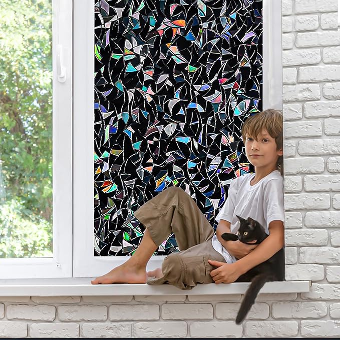QHY Sunshine Total Blackout Window Film Privacy， Frosted Glass Window Film，Black Window Tint， No Glue， Detachable, no Marks, Suitable for Repeated use (Black Rainbow, 35.4 in X 78.7 in)