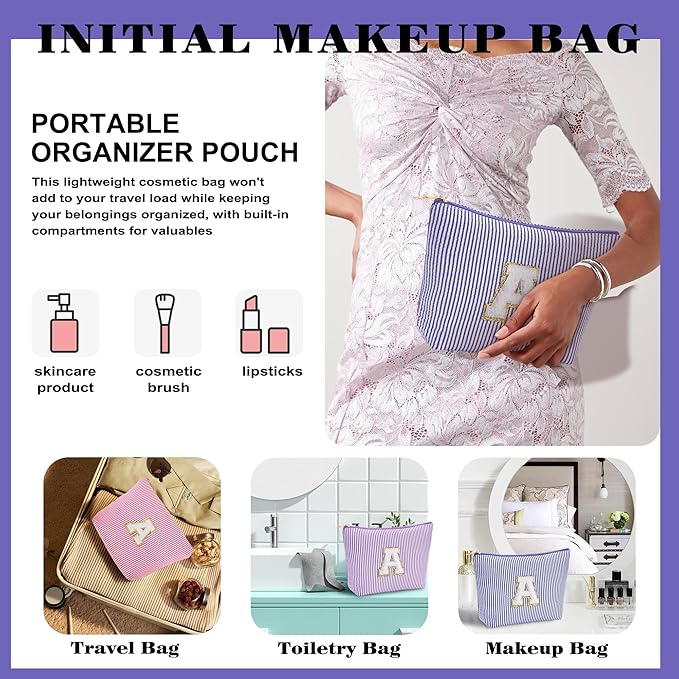 Initial Makeup Bag Set - Cute Blue Stuff for Women, Makeup Pouch Cosmetic Bag Small Makeup Bag for Purse, Travel Essentials Toiletry Bag for Women Birthday Gifts, Blue Letter E