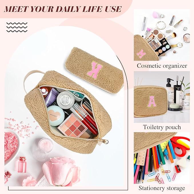 for Christmas Day Gifts, Personalized Initial Cosmetic Bag Pouch for Teen Girls, Preppy Makeup Travel Bags for Daughter Sister Girlfriend, Monogramed Make Up Pouch for Birthday Gifts - Brown X