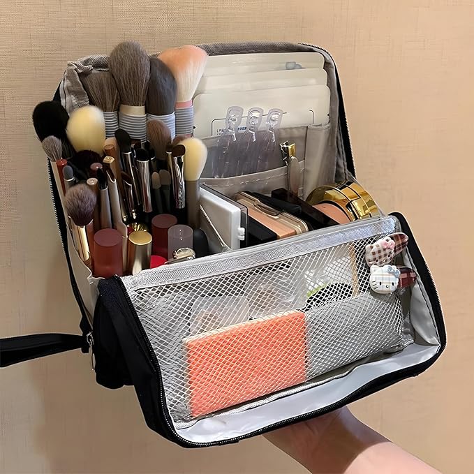 Makeup Bag,Standing Makeup Bag – Portable,Large Capacity Multi-purpose Large Capacity Oxford Cloth Standing Makeupbag Portable, Aterproof,Compartments and Handle (Black)