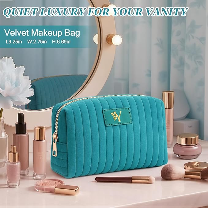 Monogrammed Make Up Bags for Women,Personalized Cosmetic Bags Women,Small Quilted Makeup Pouch,Cute Makeup Bag Travel,Birthday Gifts for Teen Girl (Blue Y)