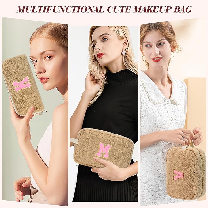 for Christmas Day Gifts, Personalized Initial Cosmetic Bag Pouch for Teen Girls, Preppy Makeup Travel Bags for Daughter Sister Girlfriend, Monogramed Make Up Pouch for Birthday Gifts - Brown Y