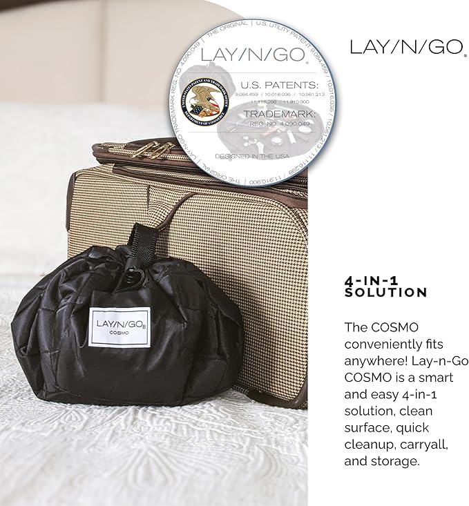Lay-n-Go Cosmo Layflat Drawstring Cosmetic & Makeup Bag Organizer w/Zipper Pocket, Brush Loops & More, Cinch to Close, Lay Flat to Use, Durable, Machine Wash, Travel Toiletry Bag (20", Navy)