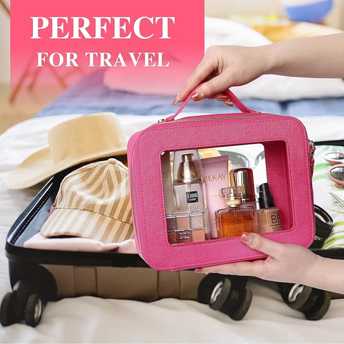 Pinkmik Clear Makeup Bag for Women Waterproof Travel Cosmetics and Toiletries Case Portable Makeup Oaganizer Bag Clear Car Bag with Zipper (X/Fuxia, M+L)