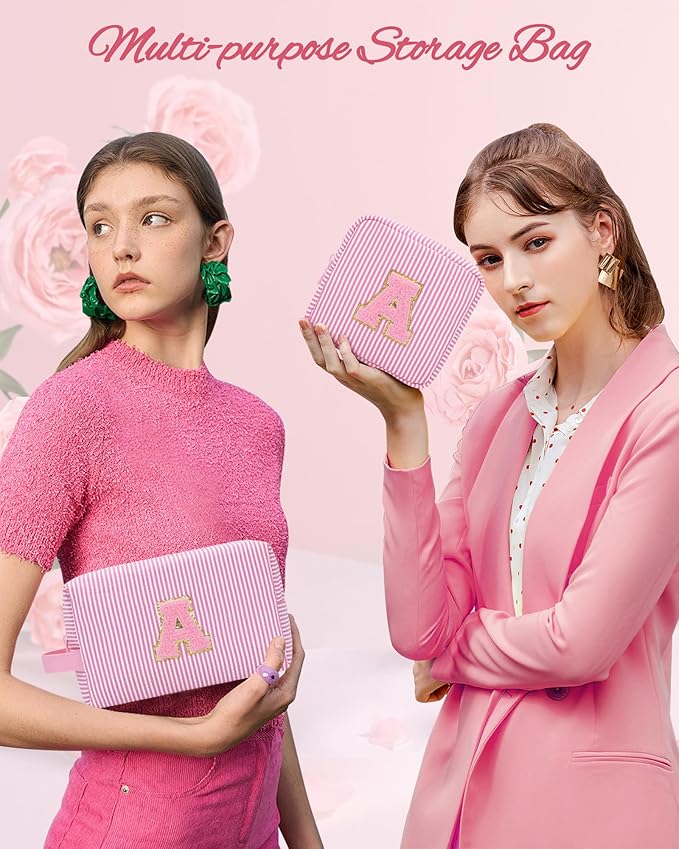 MONSTINA Personalized Initial Makeup Bag for Women,Make Up Case for Girlfriend Bridesmaid Wife,Birthday Gift for Her Cute Toiletry Bag,2PCS,Pink Z