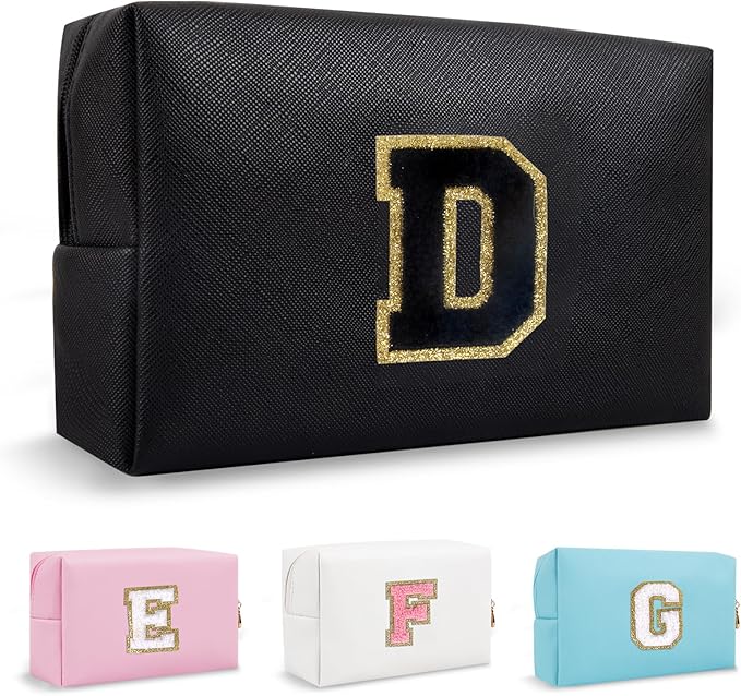 Personalized Chenille Letter Preppy Makeup Bag, Small Cute Mini Travel Toiletry Bag Initial Cosmetic Zipper Pouch for Purse, Waterproof Makeup Case Storage Travel Essentials for Her Daughter(Letter D)