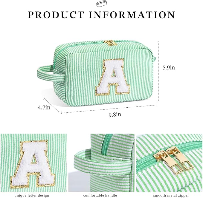 YOOLIFE Initial Monogram Makeup Bag - Personalized Green Initial, Travel Toiletry Pouch, Cute Cosmetic Case