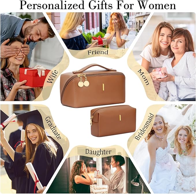Birthday Gifts for Women Teen Girl, Personalized Initial Makeup Organizer Bag Set, Open Flat Travel Cosmetic Bag With Clear Divider and Handle(Brown,I)