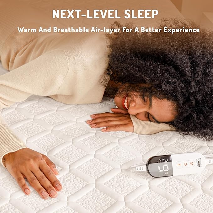 Queen Size Heated Mattress Pad - Degrees of Comfort Electric Bed Warmer with Dual Controllers, 6 Heating Levels, 10-Hour Auto Shut-Off, Breathable Air-Layer, 60"x80"