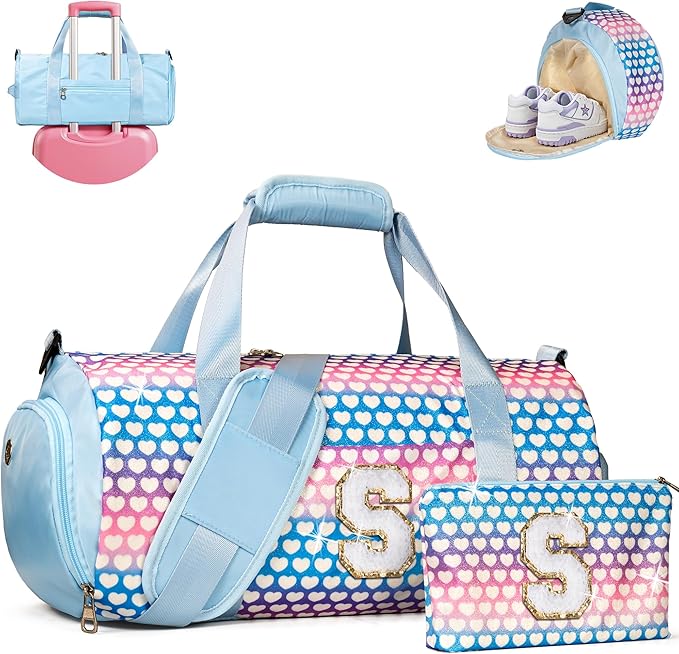 Gifts for 8 Year Old Girl, Girls Travel Duffel Bag, Kids Initial Overnight Bags with Shoe Compartment, Initial Duffle Bag with Makeup Pouch, Toddler Teens Sister Birthday Gift (Letter S)