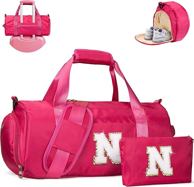 Tween Girl Gifts, Girls Travel Duffel Bag, Kids Initial Overnight Bags with Shoe Compartment, Customized Sport Gym Weekender Bag with Makeup Pouch, 6 Year Old Kid Birthday Gift (Letter N)
