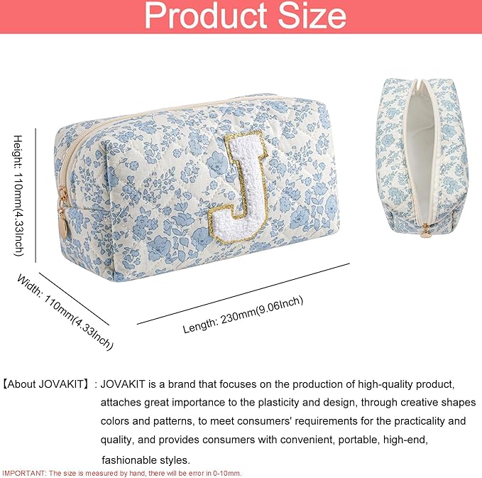 JOVAKIT Alphabet Makeup Bag Cosmetic Bag for Women, Christmas Gifts for Girls Age 6-18, Floral Flowers Coquette Travel Toiletry Zipper Make Up Pouch Organizer Trendy Stuff (2Pcs Blue Floral J)