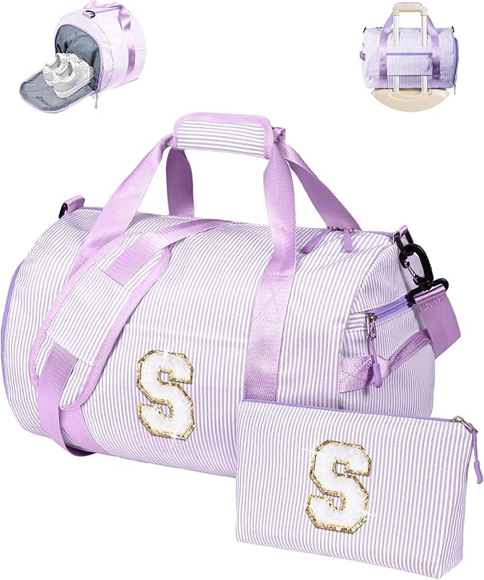 Birthday Gift for Grandkids, Girls Travel Duffle Bag, Kids Initial Overnight Duffel Bags with Shoe Compartment, Personalized Dance Bag with Cosmetic Pouch, Christmas Gift Ideas (Letter S)