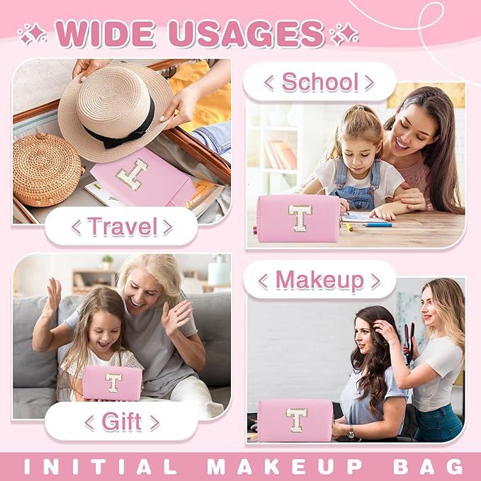 Small Personalized Initial A-Z Patch Makeup Bag,Pink Cute PU Leather Glitter Letter Cosmetic Bag for Teen Girls,Travel Toiletry Bag with Zipper,Preppy Monogrammed Birthday Gift for Daughter Niece T