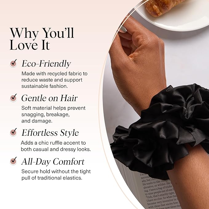 Kitsch Recycled Satin Ruffle Scrunchie – Gentle Hair Scrunchie for Women, Eco-Friendly Hair Tie No Damage, Stylish Ponytail Holder | Ideal Gifts for Women - Black