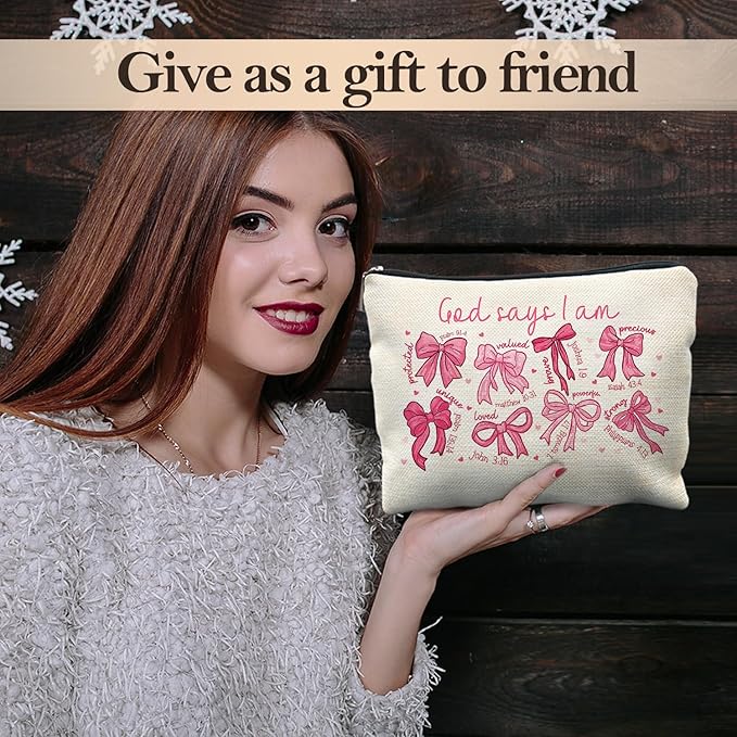 God Says I Am Pink Christian Makeup Bag, Coquette Pink Bow Preppy Cosmetic Bags for Women, Christian Gifts for Women, Faith Based Gifts, Coquette Preppy Bowknot Stuff Zipper Makeup Pouch