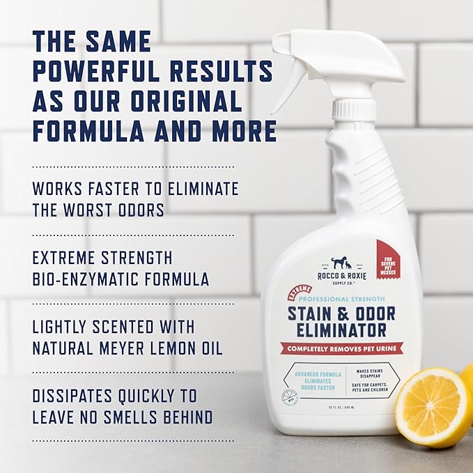 Rocco & Roxie Extreme Stain & Odor Eliminator for Strong Odor, Pet Urine Enzyme Cleaner Destroyer, Stain Remover, Dog Poop and Cat Pee, Enzymatic Carpet Cleaner Spray for Home, Puppy Potty Training