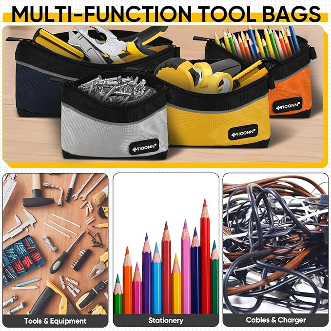 TICONN Tool Pouches with Zipper, 1680D Oxford Small Tool Bags, Waterproof Utility Bag Zipper Pouch for Tool Organizers and Storage (6 Pack Medium)