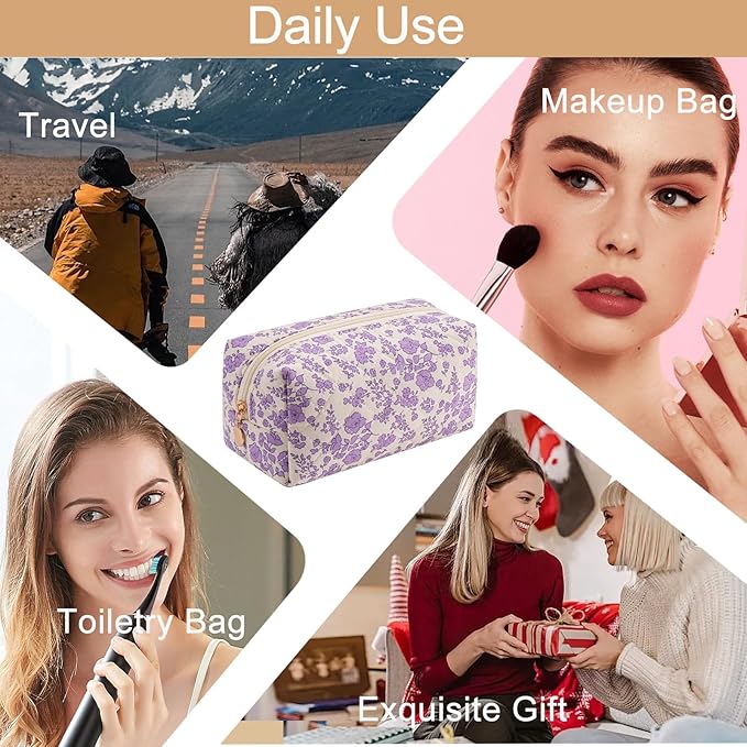 Cute Square Floral Cotton Makeup Cosmetic Bag for Women Girls, Travel Quilted Zipper Make Up Bag, Square Flowers Organizer Case Kawaii Makeup Cosmetic Travel Cloth Pouch (Purple Floral)