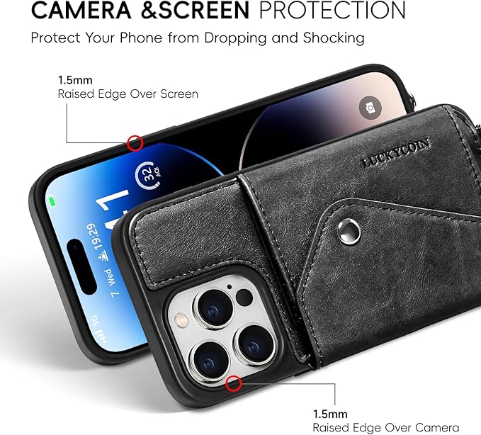 LUCKYCOIN Crossbody Wallet Phone Case for iPhone 14 Pro,100% Genuine Leather Wallet Phone Case with Expandable Flip Card Holder,Phone Purse for Women with Adjustable Removable Strap - Black