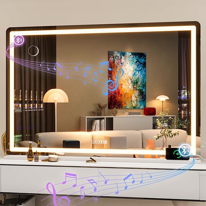 Hasipu Vanity Mirror with Lights and Bluetooth Speaker, 50.2" x 33.9" LED Makeup Mirror, Lighted Makeup Mirror with Dimmable 3 Modes, Touch Screen Control Vanity Mirror Round White