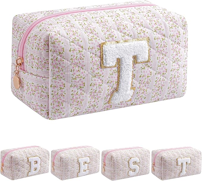 JOVAKIT Alphabet Makeup Bag Cosmetic Bag for Women, Christmas Gifts for Girls Age 6-18, Floral Flowers Coquette Travel Toiletry Zipper Make Up Pouch Organizer Trendy Stuff (Pink Floral T)