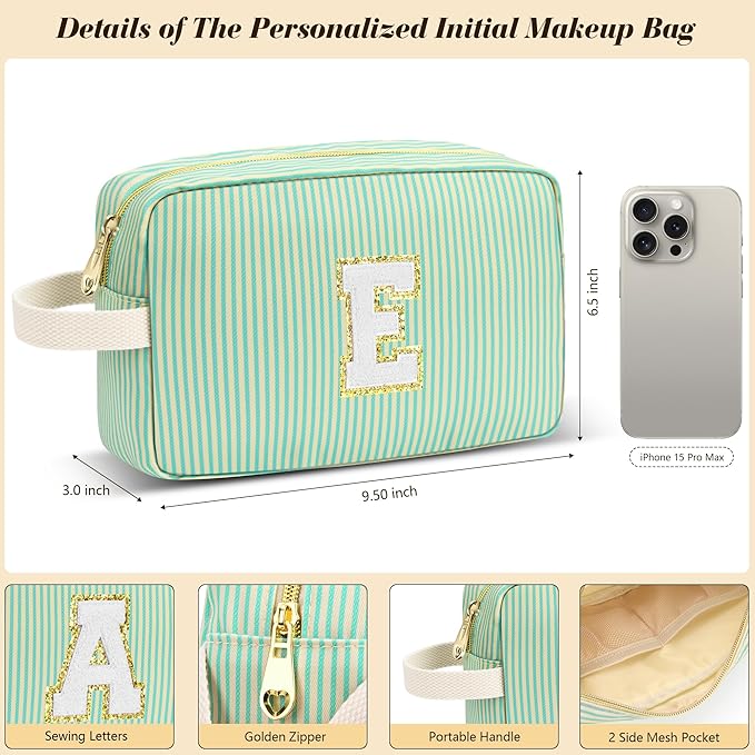 Travel Makeup Bag Christmas Gifts for Women Girl Teens, Personalized Initial Makeup Bag for Cute Teen Girls, Preppy Stuff Toiletry Bag Cosmetic Bag, Teen Girls Gift Trendy Stuff, Letter A
