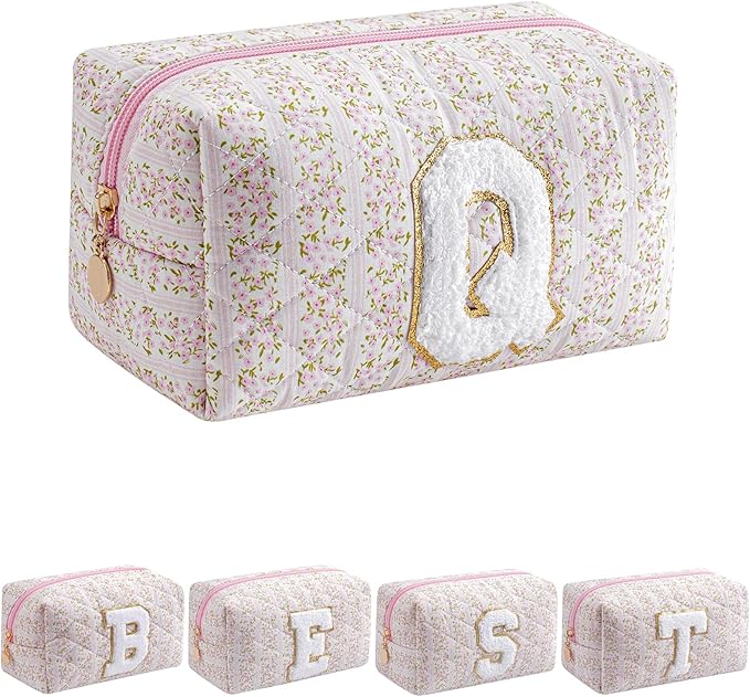 JOVAKIT Alphabet Makeup Bag Cosmetic Bag for Women, Christmas Gifts for Girls Age 6-18, Floral Flowers Coquette Travel Toiletry Zipper Make Up Pouch Organizer Trendy Stuff (Pink Floral Q)