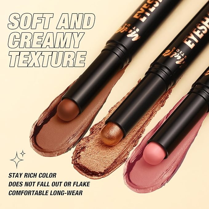 LANGMANNI 8Colors Dual-Ended Cream Eyeshadow Stick Set – Silky Smooth, Waterproof & Transfer-Proof, Built-in Blender Brush, All-Day Matte & Shimmer Wear Eye Makeup(#A)