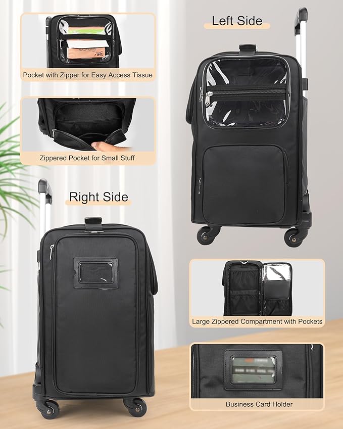 Relavel Rolling Makeup Train Case with Large Clear Makeup Bag, Hairstylist Traveling Bag with 4 Wheels, Cosmetic Storage Organizer Hair Stylist Travelling Bag with Adjustable Dividers & Shoulder Strap