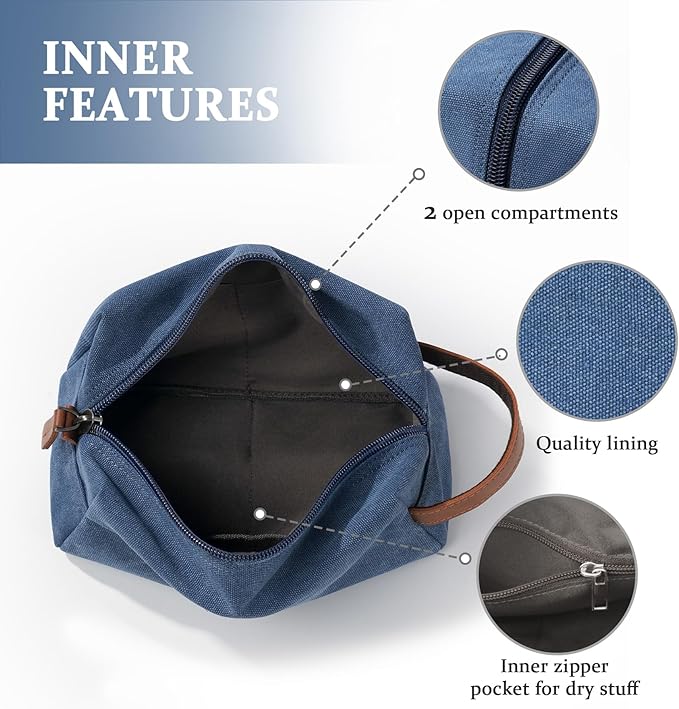 Janhavi Waterproof Travel Bag, Canvas Toiletry Bag for Men, Gifts for Dad, Engraved Initials & Wheat Ear, Groomsmen Gifts, Mens Toiletry Travel Bag, Men's Accessories Organizer (Blue H)